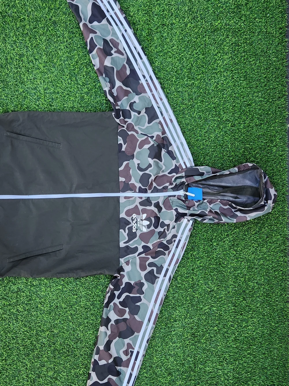 Adidas Jacket Mens M Green Camo Hoodie Full Zip Trefoil Logo Rev Windbreaker